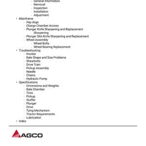 Op de afbeelding: Een witte pagina met een gedetailleerde inhoudsopgave voor de montage en het onderhoud van een machine. De tekst bevat secties over de knoopstapel, het hoofdframe, probleemoplossing en specificaties, met het AGCO-logo onderaan.