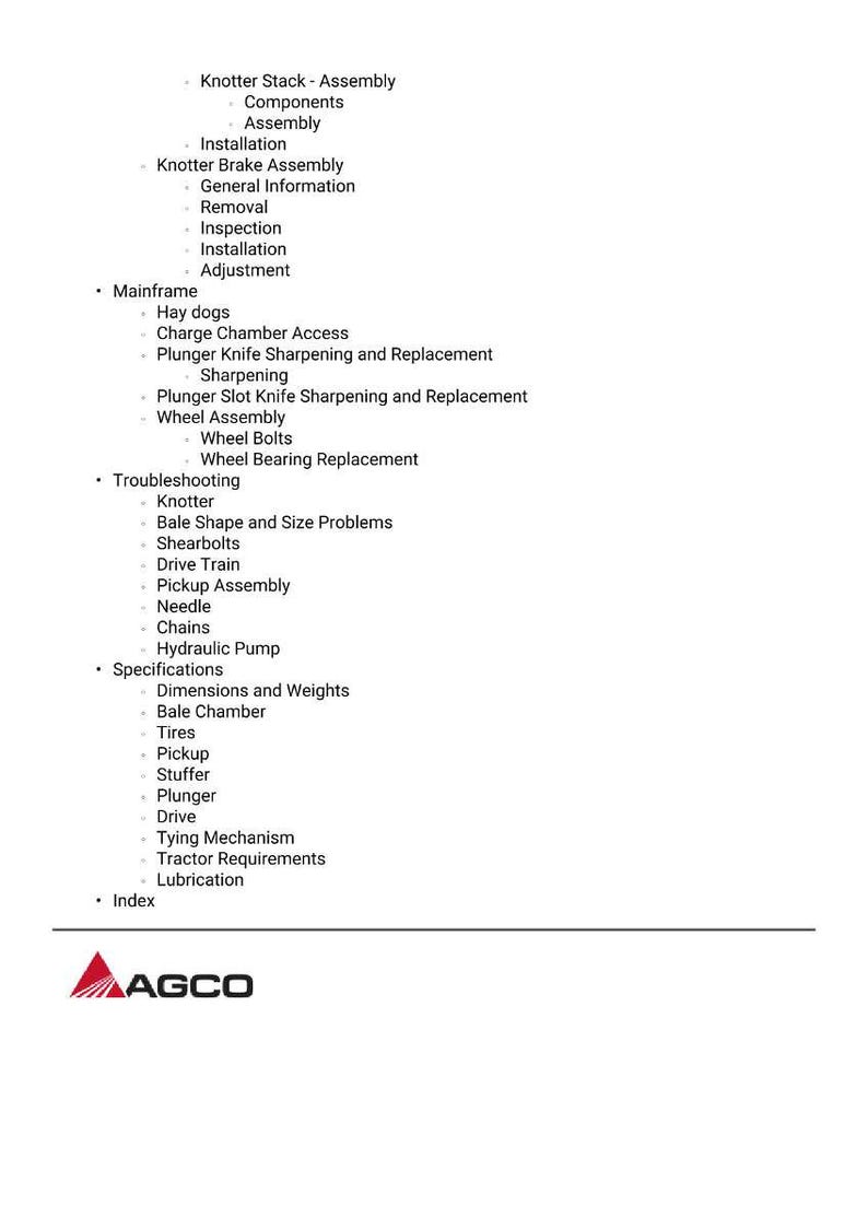 Op de afbeelding: Een witte pagina met een gedetailleerde inhoudsopgave voor de montage en het onderhoud van een machine. De tekst bevat secties over de knoopstapel, het hoofdframe, probleemoplossing en specificaties, met het AGCO-logo onderaan.