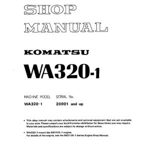 Op de afbeelding: Een witte werkplaatshandleiding voor een Komatsu WA320-1 machine. De cover toont de tekst "SHOP MANUAL" in een vetgedrukte, omlijnde letter, met het Komatsu-logo en modelinformatie.