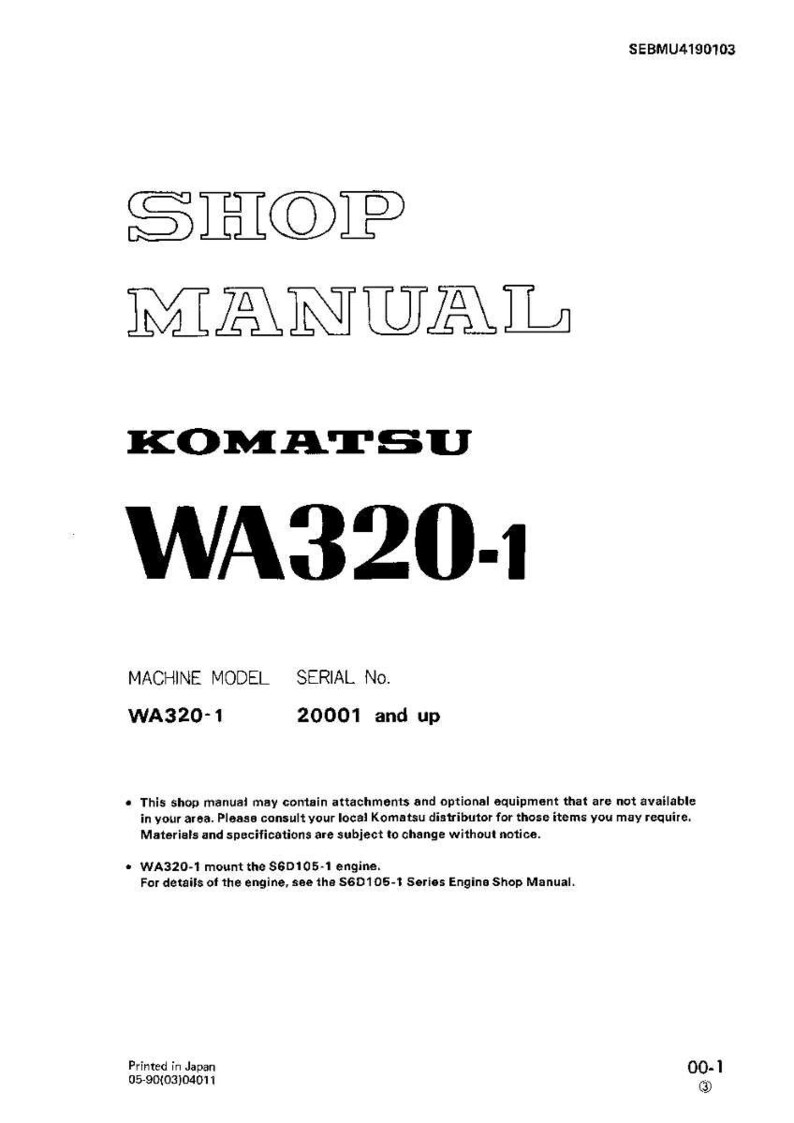 Op de afbeelding: Een witte werkplaatshandleiding voor een Komatsu WA320-1 machine. De cover toont de tekst "SHOP MANUAL" in een vetgedrukte, omlijnde letter, met het Komatsu-logo en modelinformatie.