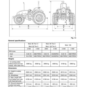 May include: Diagram of a tractor with dimensions and specifications. Includes measurements for height, wheelbase, and ground clearance in millimeters. Also lists tire sizes and weights in kilograms.