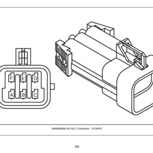 以下が含まれることがあります： 2つのビューを持つ電気コネクタの線画。1つのビューは、6つのラベル付きピン スロットを備えた前面を示しています。もう一方のビューは、3 つの円筒形セクションとロック機構を備えた側面を示しています。テキスト「RXA0064080-UN: 502_1 Connector - 12124107」が一番下にあります。