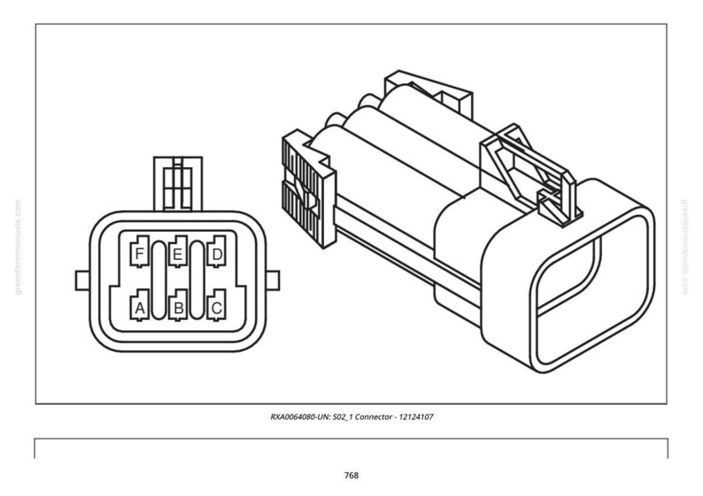 以下が含まれることがあります： 2つのビューを持つ電気コネクタの線画。1つのビューは、6つのラベル付きピン スロットを備えた前面を示しています。もう一方のビューは、3 つの円筒形セクションとロック機構を備えた側面を示しています。テキスト「RXA0064080-UN: 502_1 Connector - 12124107」が一番下にあります。