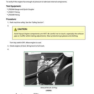 May include: Image of a detailed engine component diagram for testing oil pressure, including a caution notice about hot parts. The diagram shows the oil plug and fitting locations, with text instructions for the procedure.