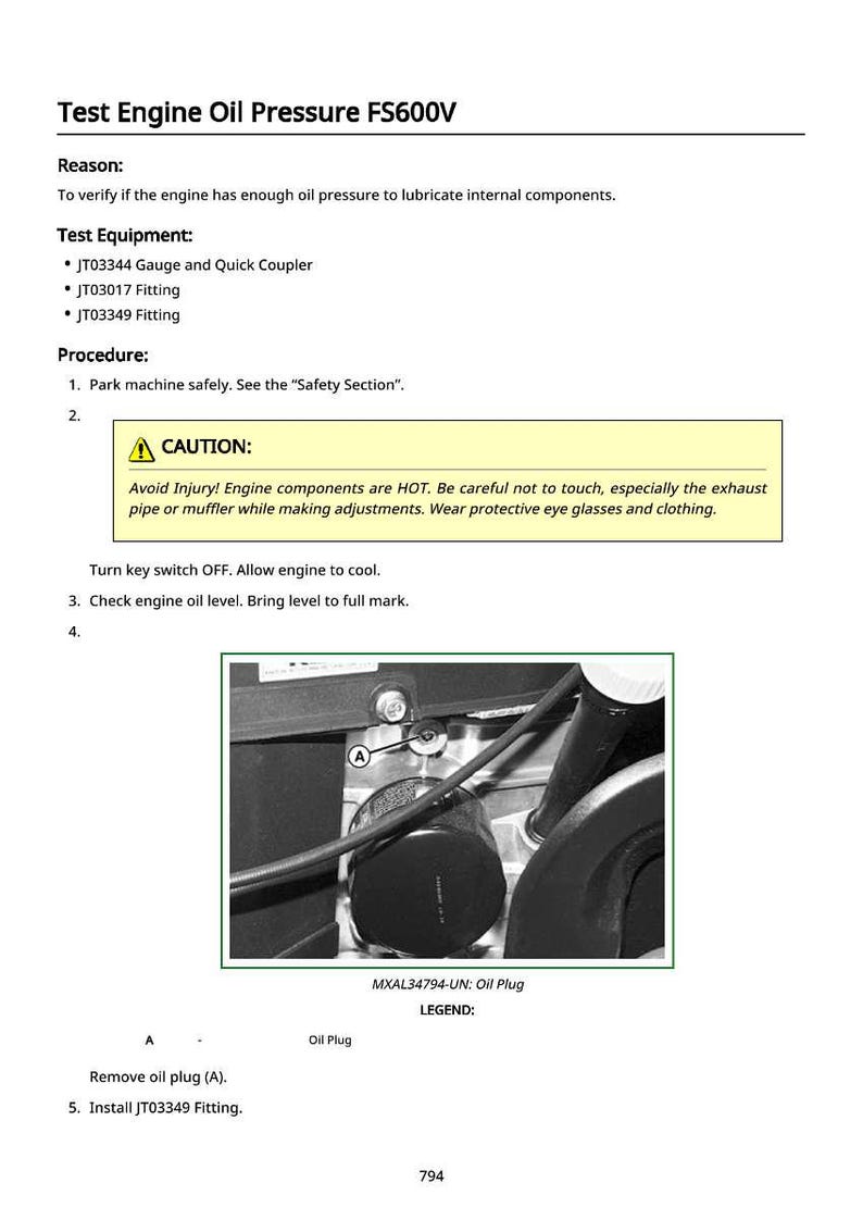 May include: Image of a detailed engine component diagram for testing oil pressure, including a caution notice about hot parts. The diagram shows the oil plug and fitting locations, with text instructions for the procedure.