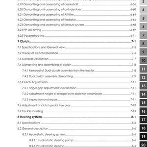 May include: A page from a manual for ARGO tractors, with a table of contents detailing engine and clutch components, steering systems, and troubleshooting procedures. The text is black on a white background.
