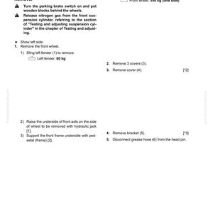 May include: A detailed technical diagram for removing and installing a front suspension cylinder assembly. Instructions include removing the front wheel, fender (80 kg), and covers. The diagram also shows how to disconnect the grease hose.