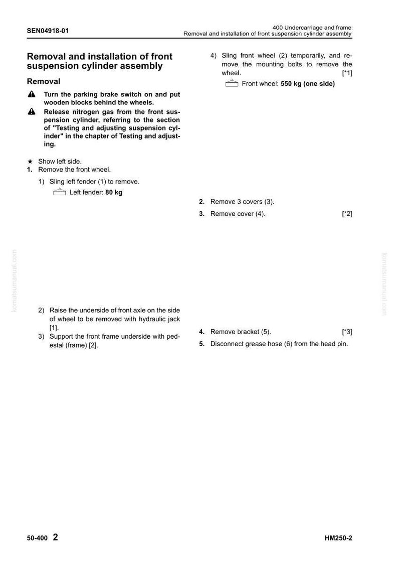 May include: A detailed technical diagram for removing and installing a front suspension cylinder assembly. Instructions include removing the front wheel, fender (80 kg), and covers. The diagram also shows how to disconnect the grease hose.