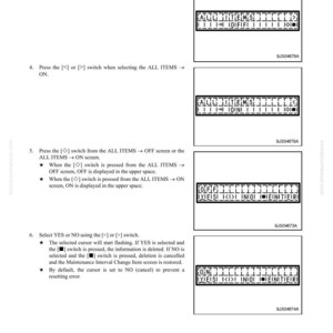 May include: A manual page detailing a machine monitor system, titled "TESTING AND ADJUSTING." It features instructions and diagrams for system operation, including screen displays and text. The diagrams show the "ALL ITEMS" screen.