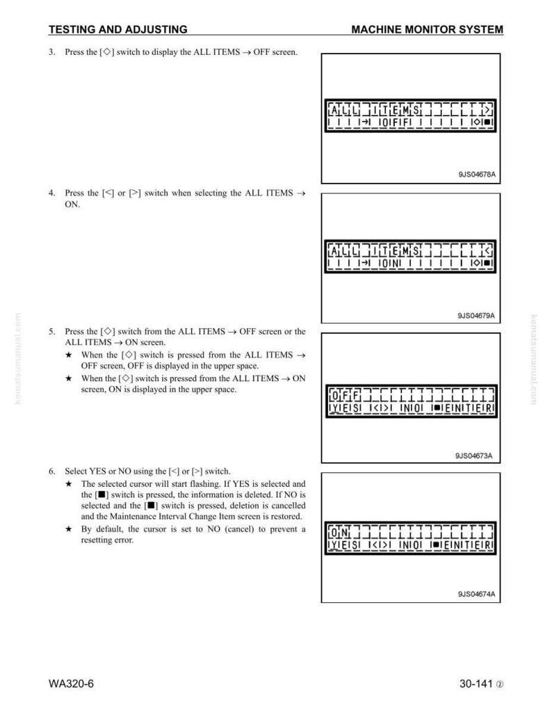 May include: A manual page detailing a machine monitor system, titled "TESTING AND ADJUSTING." It features instructions and diagrams for system operation, including screen displays and text. The diagrams show the "ALL ITEMS" screen.