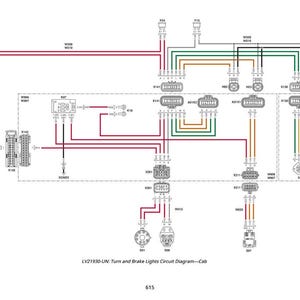 May include: An electrical circuit diagram for turn and brake lights, showing a complex network of coloured wires. The diagram includes connectors and labels, with the text "LV21930-UN: Turn and Brake Lights Circuit Diagram--Cab".