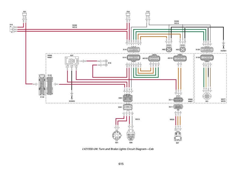 May include: An electrical circuit diagram for turn and brake lights, showing a complex network of coloured wires. The diagram includes connectors and labels, with the text "LV21930-UN: Turn and Brake Lights Circuit Diagram--Cab".