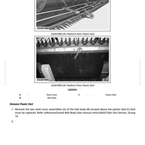 May include: Diagram of a platform floor plastic skid with labels A, B, and C. The diagram includes close-up views of the skid and its components, with text labels and instructions for removal and replacement.