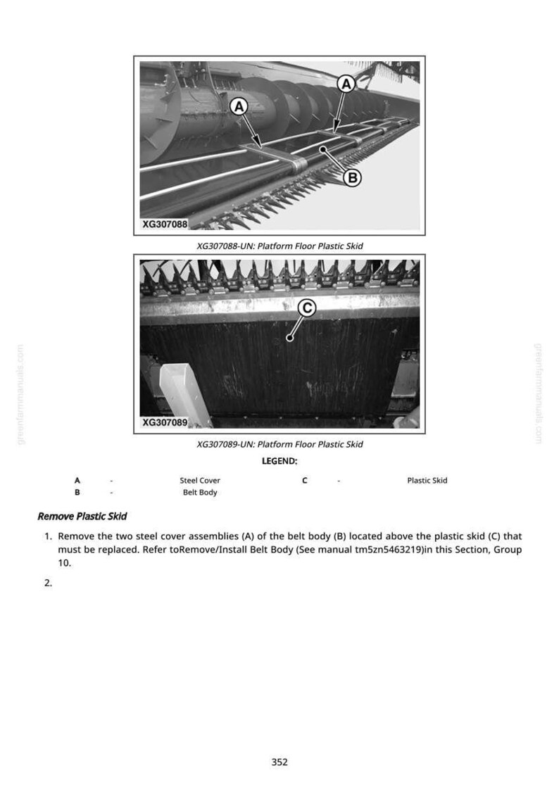 May include: Diagram of a platform floor plastic skid with labels A, B, and C. The diagram includes close-up views of the skid and its components, with text labels and instructions for removal and replacement.