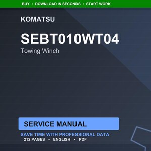Puede incluir: Manual de servicio digital para un cabrestante de remolque Komatsu SEBT010WT04. La portada es azul oscuro con texto blanco, incluyendo "SERVICE MANUAL" en un rect&aacute;ngulo azul. El manual contiene 212 p&aacute;ginas y est&aacute; en ingl&eacute;s.