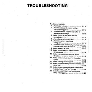 May include: A white page with the bold title "TROUBLESHOOTING" at the top. Below, a troubleshooting table lists potential issues with corresponding page numbers, such as "Lift arm does not rise" and "Bucket does not tilt back."