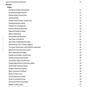 Pu&ograve; includere: Una pagina bianca intitolata "Indice" da un manuale. Il testo elenca argomenti di sicurezza come "Maneggiare i fluidi in sicurezza" e "Indossare indumenti protettivi". I numeri di pagina sono a destra.
