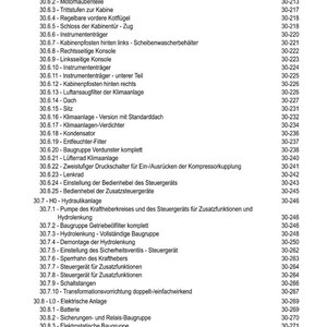 Może przedstawiać: Szczeg&oacute;łowy spis treści w języku niemieckim, wymieniający r&oacute;żne komponenty i systemy, takie jak kabina, części silnika i układy hydrauliczne. Dokument zawiera numery stron dla każdego elementu, zapewniając kompleksowy przegląd.
