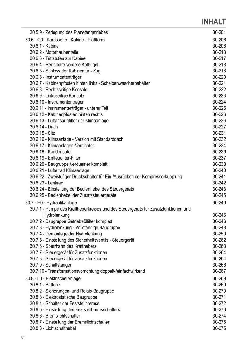 Może przedstawiać: Szczeg&oacute;łowy spis treści w języku niemieckim, wymieniający r&oacute;żne komponenty i systemy, takie jak kabina, części silnika i układy hydrauliczne. Dokument zawiera numery stron dla każdego elementu, zapewniając kompleksowy przegląd.