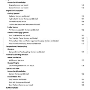 May include: A white-background page with a detailed table of contents for a manual. The text lists procedures for engine, cooling systems, and other mechanical components, with page numbers.