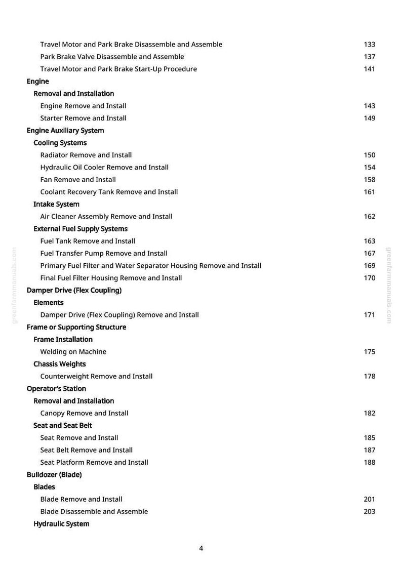 May include: A white-background page with a detailed table of contents for a manual. The text lists procedures for engine, cooling systems, and other mechanical components, with page numbers.