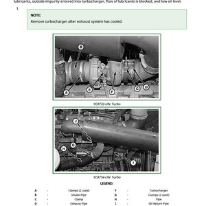 May include: Diagram of a turbocharger removal and installation guide. The image includes close-up views of the turbocharger components, labeled with letters and corresponding descriptions. Text explains the reasons for turbocharger failure and provides a note about cooling.