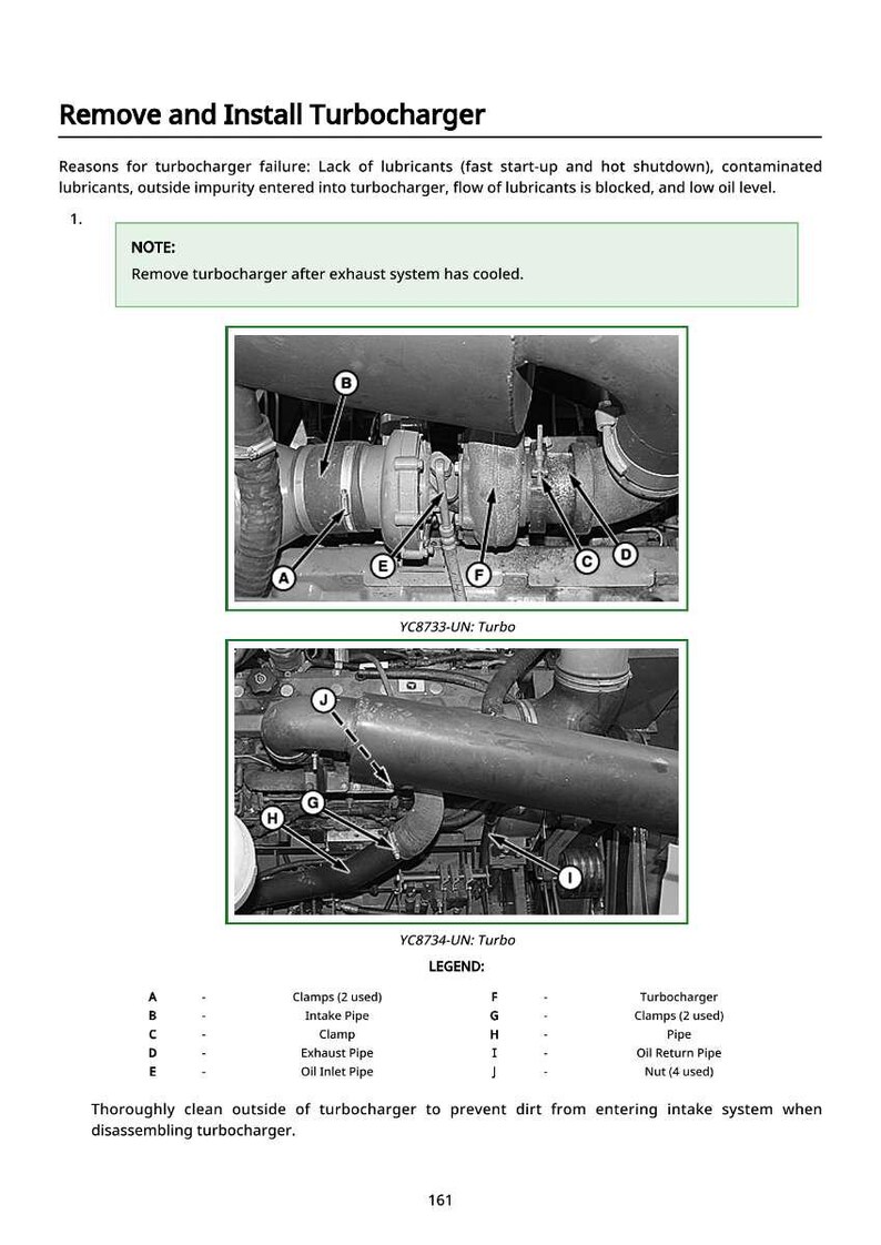 May include: Diagram of a turbocharger removal and installation guide. The image includes close-up views of the turbocharger components, labeled with letters and corresponding descriptions. Text explains the reasons for turbocharger failure and provides a note about cooling.