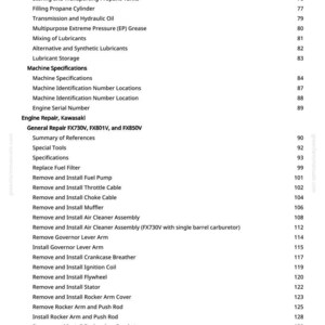 May include: A page from a manual with a table of contents for a 4-cycle engine. The table lists topics such as fuel, propane, lubrication, and engine repair. Page numbers are listed on the right.