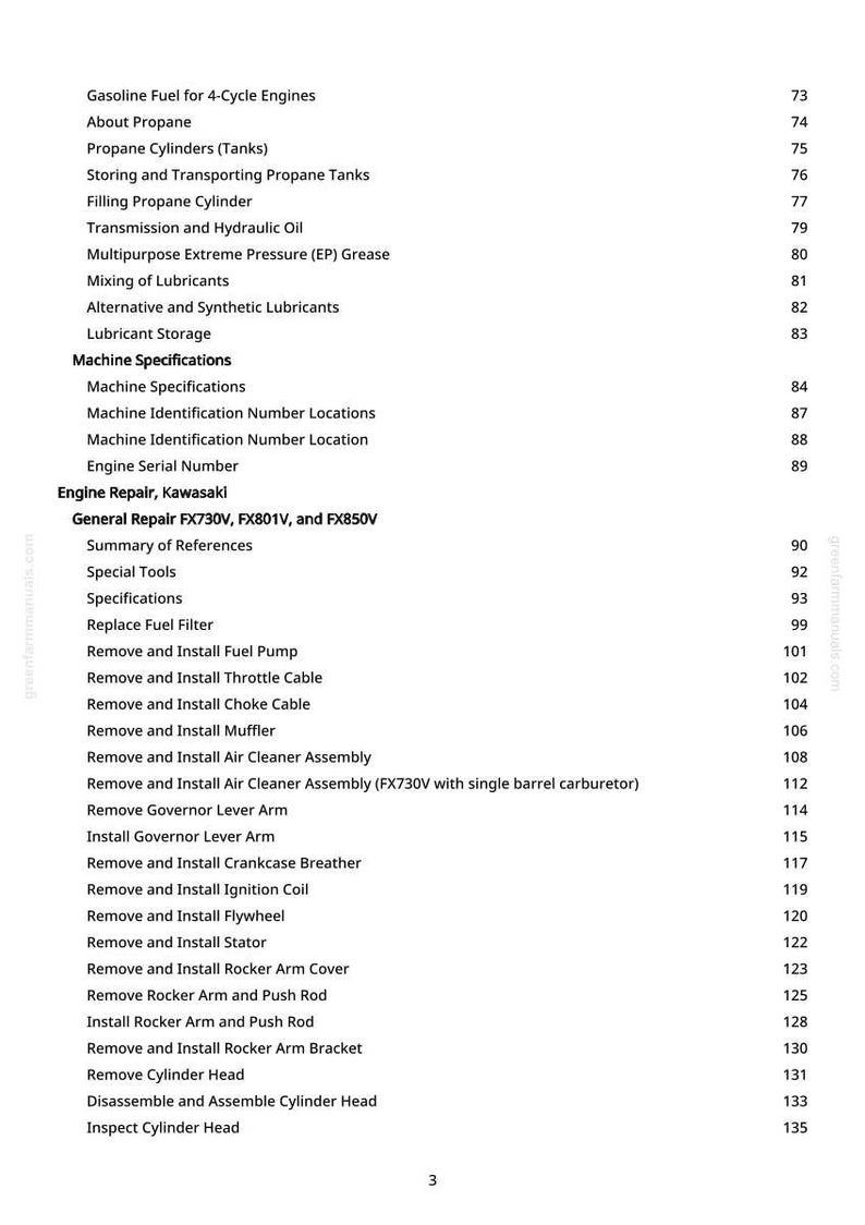 May include: A page from a manual with a table of contents for a 4-cycle engine. The table lists topics such as fuel, propane, lubrication, and engine repair. Page numbers are listed on the right.