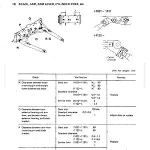 May include: Diagram of work attachments, including a brace, arm, arm lever, and cylinder yoke. The image includes diagrams with measurements in millimeters and text labels for various components and clearances.
