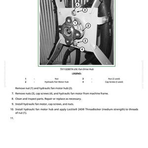 Peut inclure: Sch&eacute;ma technique d'un ensemble de moyeu de ventilateur, montrant un moyeu central fix&eacute; avec des boulons et des &eacute;crous. L'image comprend des &eacute;tiquettes pour les composants tels que les &eacute;crous, les vis &agrave; t&ecirc;te et un moyeu de moteur de ventilateur hydraulique. Texte avec instructions.