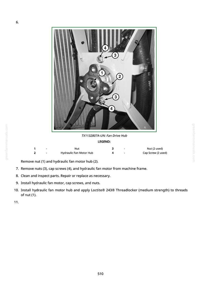 Peut inclure: Sch&eacute;ma technique d'un ensemble de moyeu de ventilateur, montrant un moyeu central fix&eacute; avec des boulons et des &eacute;crous. L'image comprend des &eacute;tiquettes pour les composants tels que les &eacute;crous, les vis &agrave; t&ecirc;te et un moyeu de moteur de ventilateur hydraulique. Texte avec instructions.