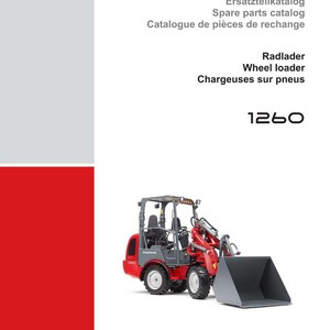 Puede incluir: Una portada de folleto con una cargadora de ruedas roja y gris, modelo 1260, con el logotipo de Weidemann. El texto incluye "Cat&aacute;logo de piezas de repuesto" en ingl&eacute;s, franc&eacute;s y alem&aacute;n. El folleto tambi&eacute;n enumera el modelo RL22.