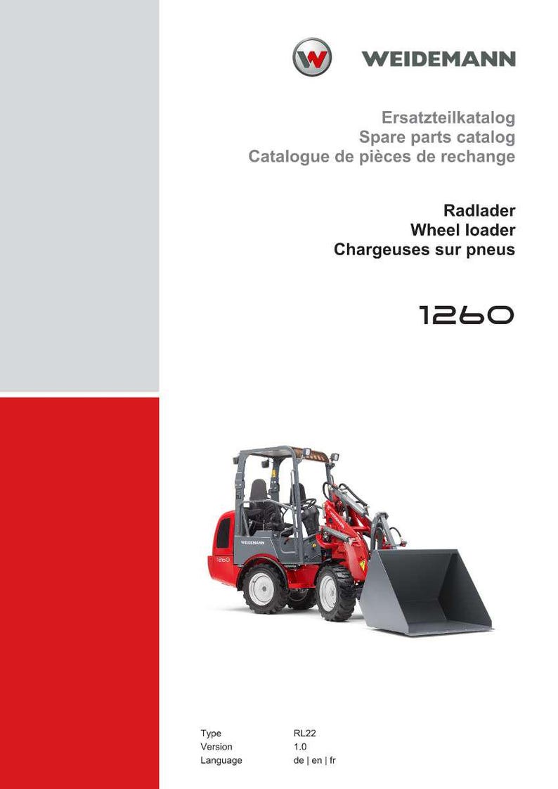 Puede incluir: Una portada de folleto con una cargadora de ruedas roja y gris, modelo 1260, con el logotipo de Weidemann. El texto incluye "Cat&aacute;logo de piezas de repuesto" en ingl&eacute;s, franc&eacute;s y alem&aacute;n. El folleto tambi&eacute;n enumera el modelo RL22.
