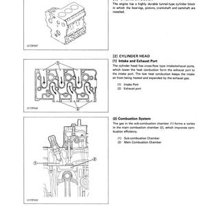 May include: Diagram of an engine body, featuring detailed illustrations of the cylinder block, cylinder head with intake and exhaust ports, and combustion system. Text labels identify each component.