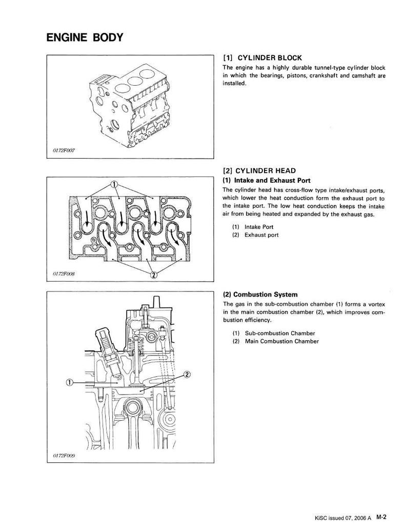 May include: Diagram of an engine body, featuring detailed illustrations of the cylinder block, cylinder head with intake and exhaust ports, and combustion system. Text labels identify each component.