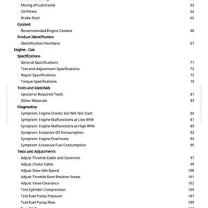 May include: A page from a manual with a table of contents. The headings include Chassis Grease, Coolant, Engine - Gas, Diagnostics, and Tests and Adjustments. Page numbers are listed on the right.