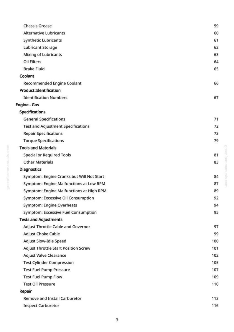 May include: A page from a manual with a table of contents. The headings include Chassis Grease, Coolant, Engine - Gas, Diagnostics, and Tests and Adjustments. Page numbers are listed on the right.