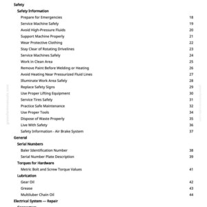 Puede incluir: Una p&aacute;gina blanca de un manual titulada "Tabla de Contenidos". La tabla enumera informaci&oacute;n de seguridad, incluidos temas como "Prepararse para emergencias" y "Mantener la m&aacute;quina de forma segura".