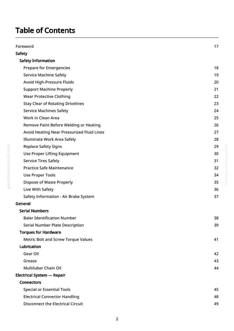 Puede incluir: Una p&aacute;gina blanca de un manual titulada "Tabla de Contenidos". La tabla enumera informaci&oacute;n de seguridad, incluidos temas como "Prepararse para emergencias" y "Mantener la m&aacute;quina de forma segura".