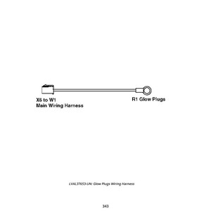 Op de afbeelding: Lijntekening van een kabelboom met tekstlabels. De tekst luidt "X6 to W1 Main Wiring Harness" en "R1 Glow Plugs". De afbeelding bevat ook de tekst "LVAL37653-UN: Glow Plugs Wiring Harness" en het nummer "343".