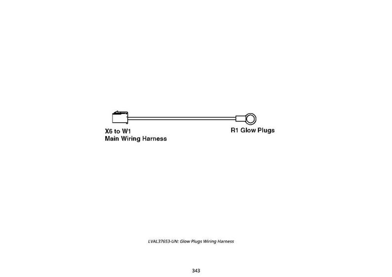Op de afbeelding: Lijntekening van een kabelboom met tekstlabels. De tekst luidt "X6 to W1 Main Wiring Harness" en "R1 Glow Plugs". De afbeelding bevat ook de tekst "LVAL37653-UN: Glow Plugs Wiring Harness" en het nummer "343".