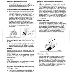 May include: A Komatsu manual page with instructions on hydraulic equipment maintenance. It covers handling, oil replacement, flushing, and cleaning. The page also includes diagrams and safety warnings.