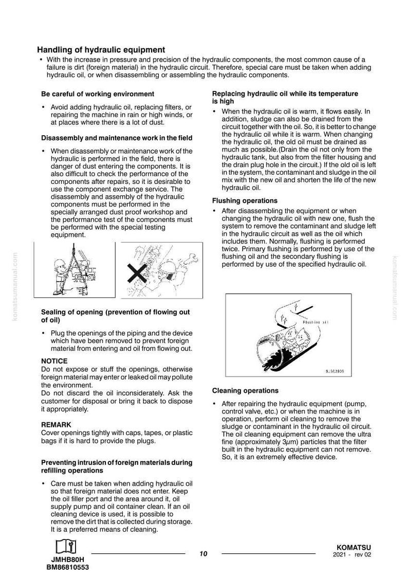 May include: A Komatsu manual page with instructions on hydraulic equipment maintenance. It covers handling, oil replacement, flushing, and cleaning. The page also includes diagrams and safety warnings.