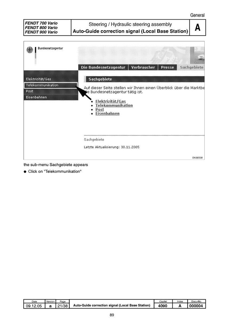 May include: A screenshot from a document about auto-guide correction signal for Fendt tractors. The image shows a webpage with menu options including 'Telekommunikation'. Text includes 'Bundesnetzagentur' and 'Sachgebiete'.