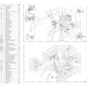 Op de afbeelding: Technische tekening van componenten van zware machines, met gedetailleerde lijntekeningen van motoronderdelen, bedrading en een cabine. Het diagram bevat een onderdelenlijst met nummers en beschrijvingen.