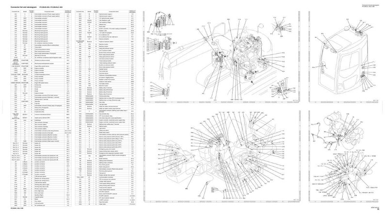 Op de afbeelding: Technische tekening van componenten van zware machines, met gedetailleerde lijntekeningen van motoronderdelen, bedrading en een cabine. Het diagram bevat een onderdelenlijst met nummers en beschrijvingen.