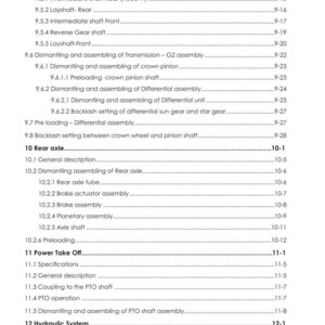 May include: A detailed technical manual page with a table of contents for a tractor. The document includes sections on dismantling, assembling, and specifications for various components like the rear axle and power take-off. The text is black on a white background.