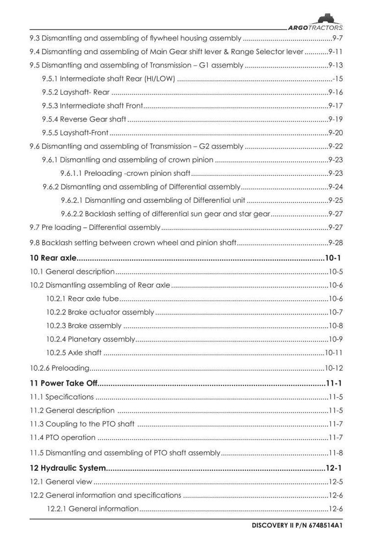 May include: A detailed technical manual page with a table of contents for a tractor. The document includes sections on dismantling, assembling, and specifications for various components like the rear axle and power take-off. The text is black on a white background.