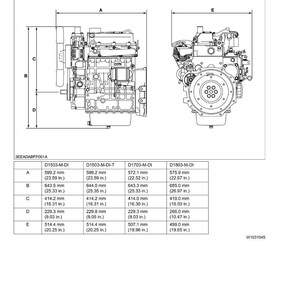 May include: Diagram showing dimensions of four diesel engine models, with measurements in millimetres and inches. The image includes side and front views of the engines, labelled A to E, with corresponding measurements.